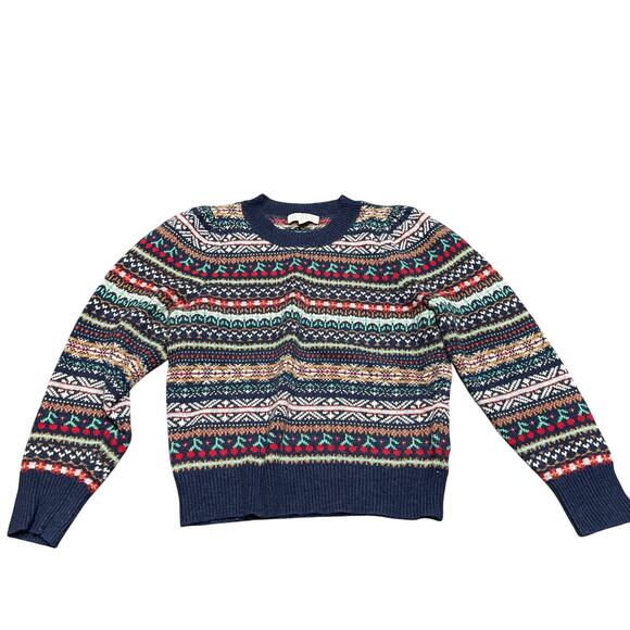 J. Crew Puff Sleeve Navy Heather Emerald Fair Isle Crewneck Sweater XXS Wool - Picture 2 of 7